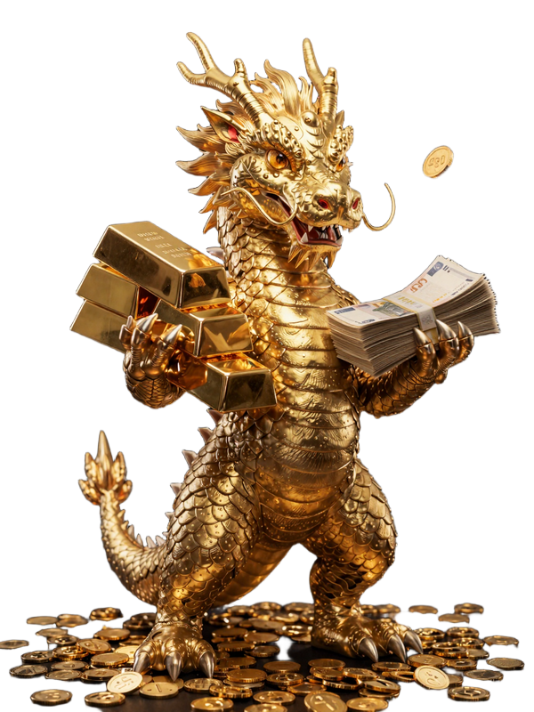 Dragonia Casino Drachen-Maskottchen mit Goldbarren und Bonus-Schatz