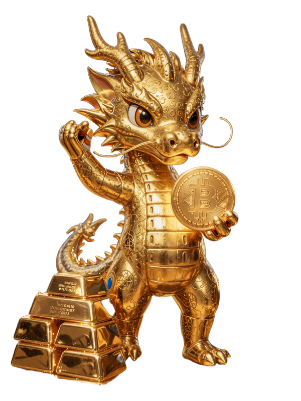 Dragonia Casino Drachen-Maskottchen mit goldenen Zahlungssymbolen und Bitcoin