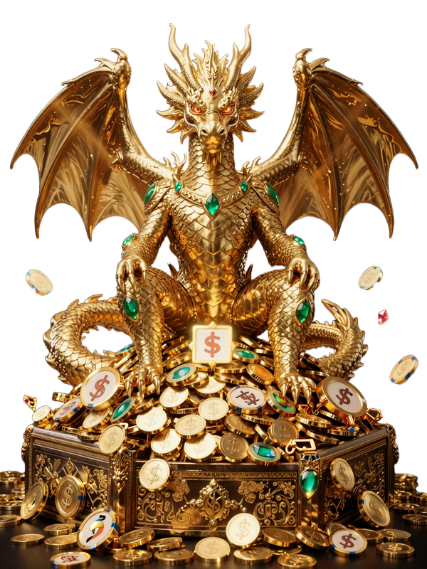 Dragonia Casino Drachen-Maskottchen auf einem Schatz aus Gold und Edelsteinen
