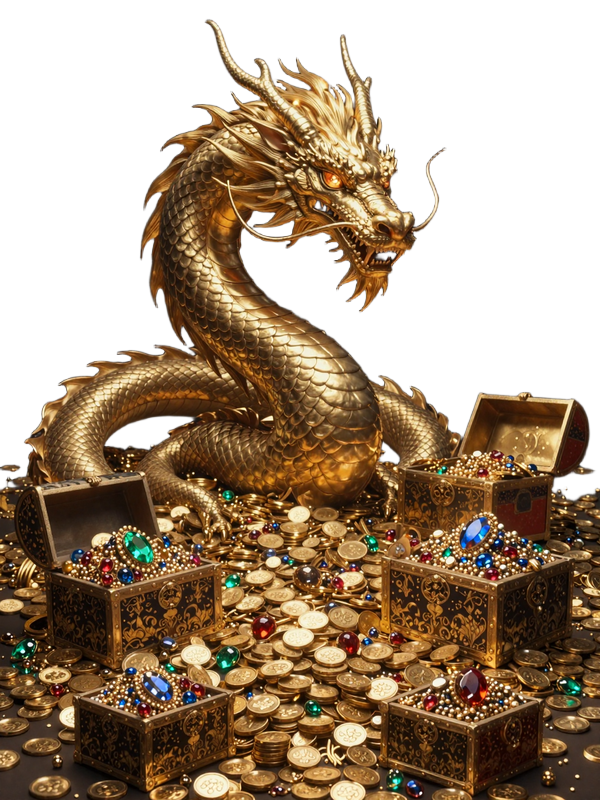 Dragonia Casino Drachen-Maskottchen mit goldenem Schatz